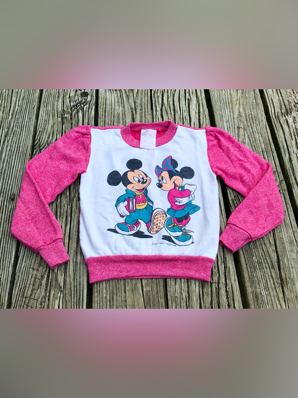 Vintage Girls 6X WALT DISNEY Minnie Mickey Mouse Pullover Sweatshirt Puff Sleeve